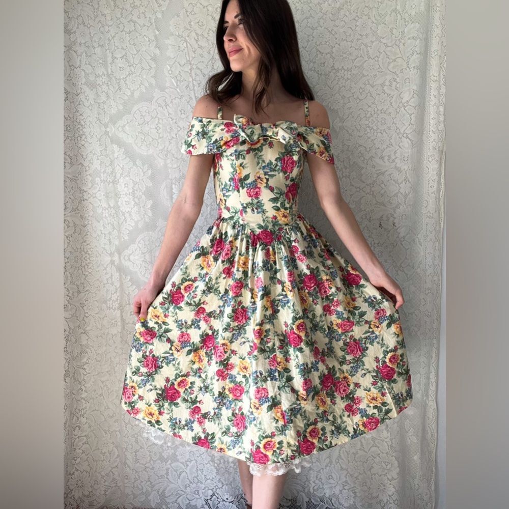Vintage 80s All That Jazz Drop Waist Floral Dress Corset Style & Lace Ruffle - Picture 1 of 16
